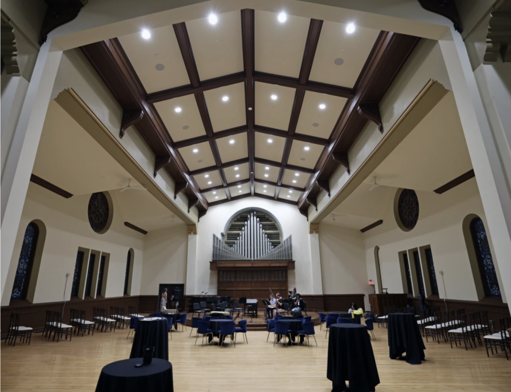 A wide shot of the beautiful Cappella Ballroom in La Crosse, Wisconsin.